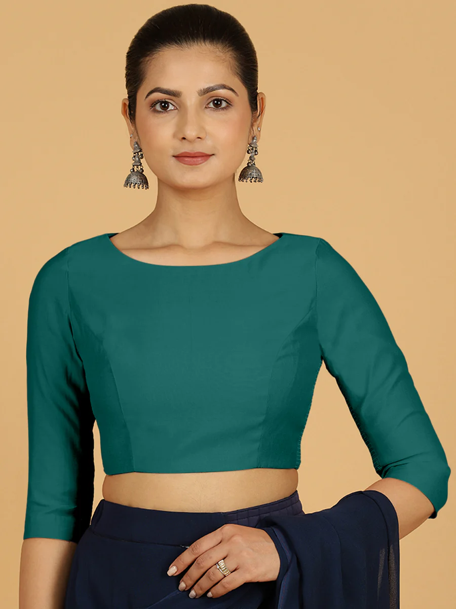 Tamanna x Rozaana | Three Quarter Sleeves Saree Blouse in Peacock Green - Image 12