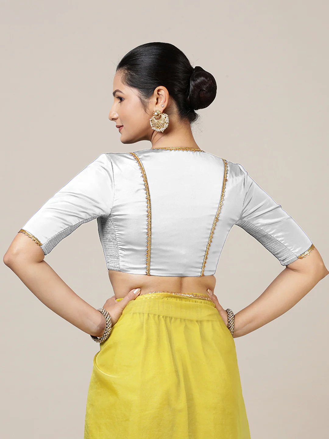 Begum x Tyohaar | Elbow Sleeves Saree Blouse in Pearl White - Image 2
