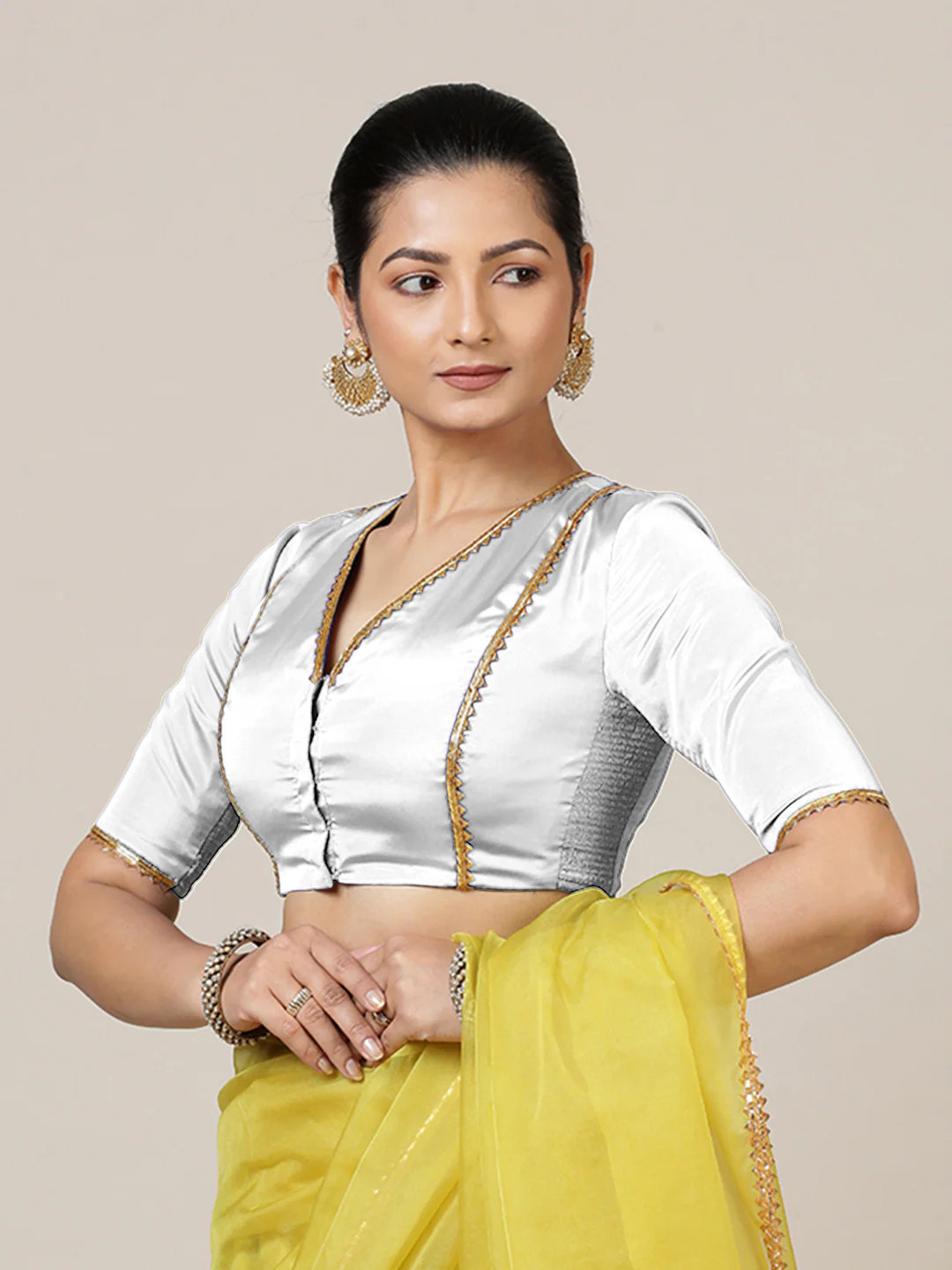 Begum x Tyohaar | Elbow Sleeves Saree Blouse in Pearl White - Image 6