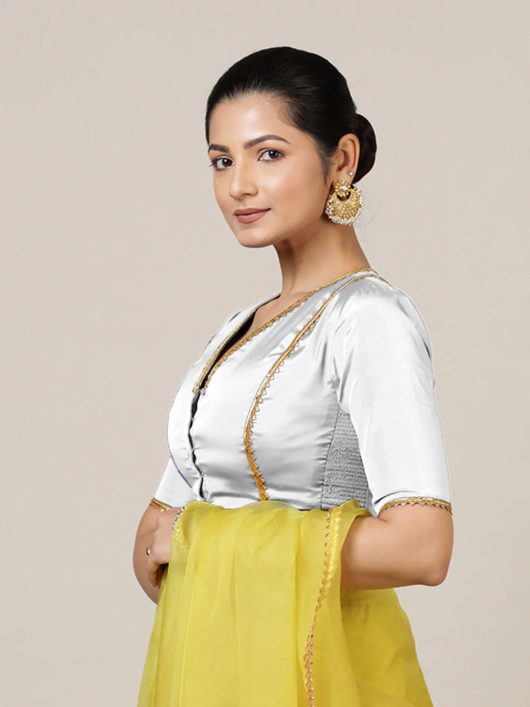 Begum x Tyohaar | Elbow Sleeves Saree Blouse in Pearl White - Image 8