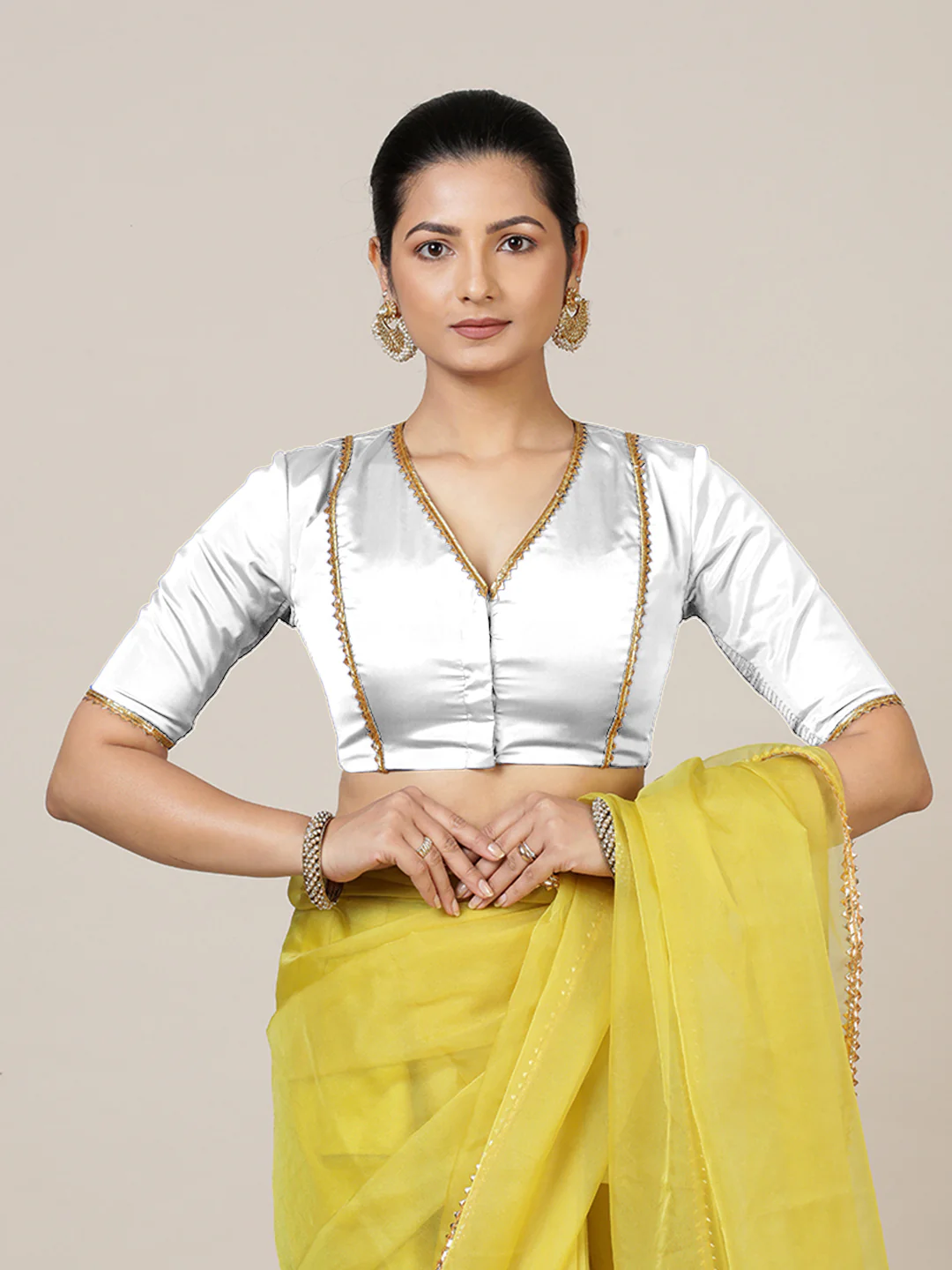 Begum x Tyohaar | Elbow Sleeves Saree Blouse in Pearl White - Image 9