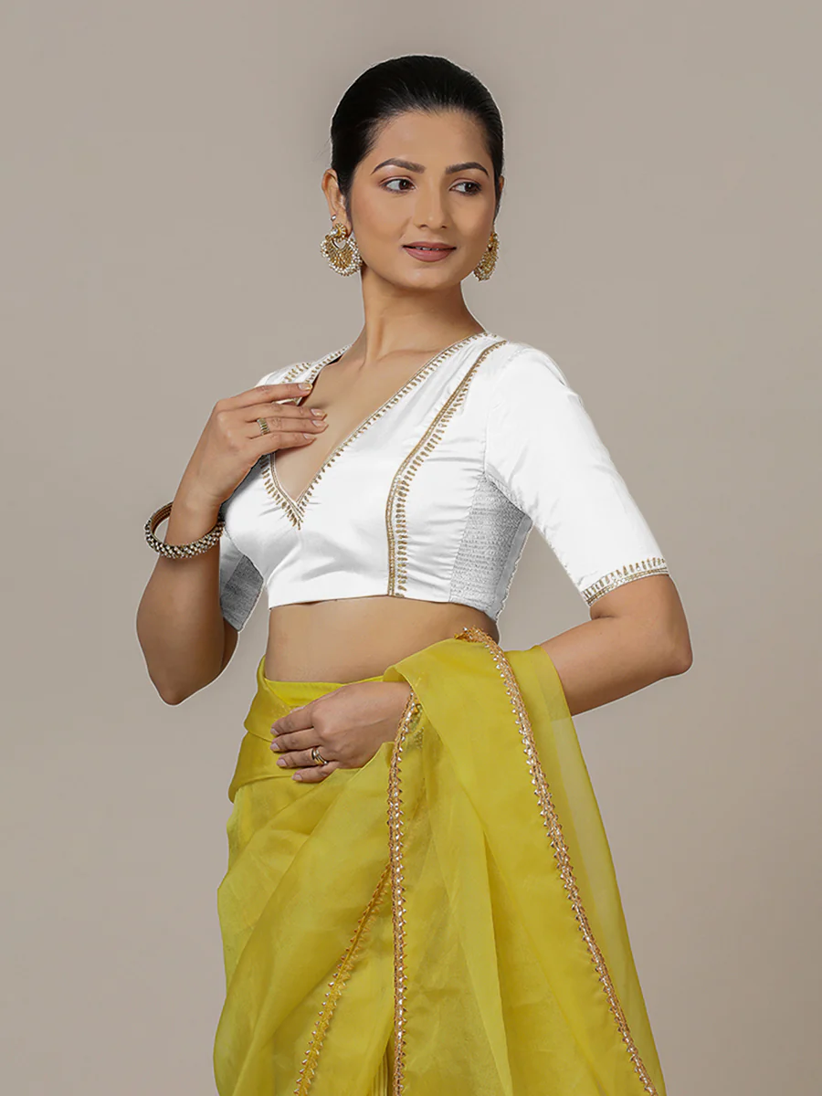 Zohra x Luxe | Pearl White Saree Blouse w/ FlexiFit™ Side Seam - Image 8