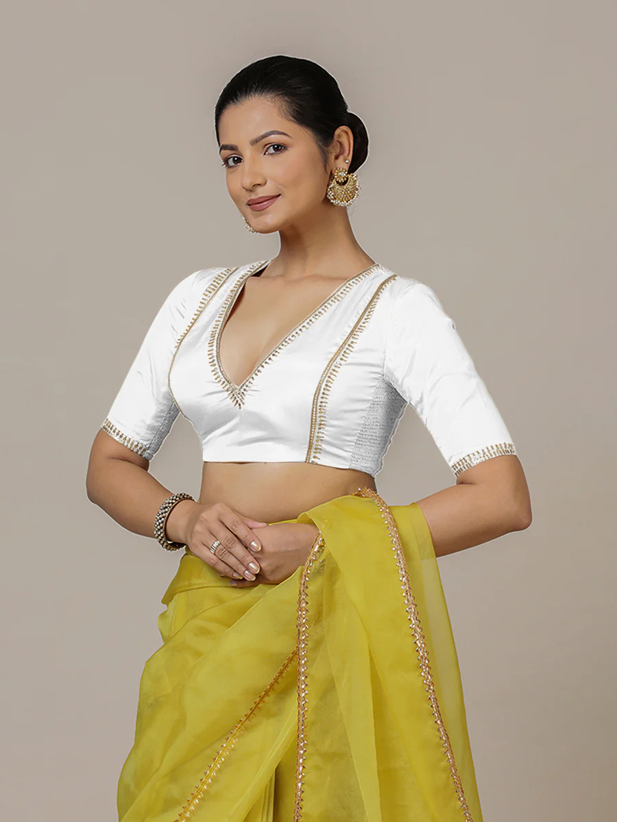 Zohra x Luxe | Pearl White Saree Blouse w/ FlexiFit™ Side Seam - Image 9
