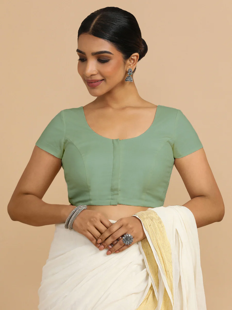 Mona x Rozaana | Short Sleeves Saree Blouse in Peppermint Green Linen - Image 10