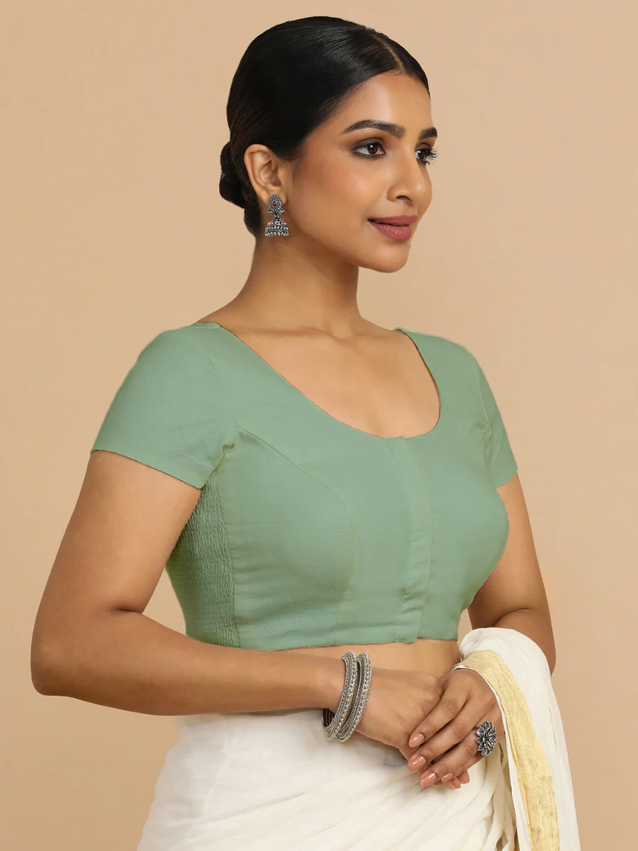 Mona x Rozaana | Short Sleeves Saree Blouse in Peppermint Green Linen - Image 8