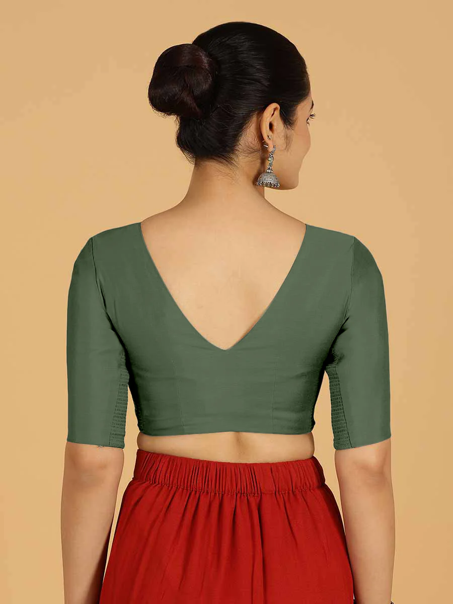 Shabana x Rozaana | Elbow Sleeves Saree Blouse in Pine Green - Image 2
