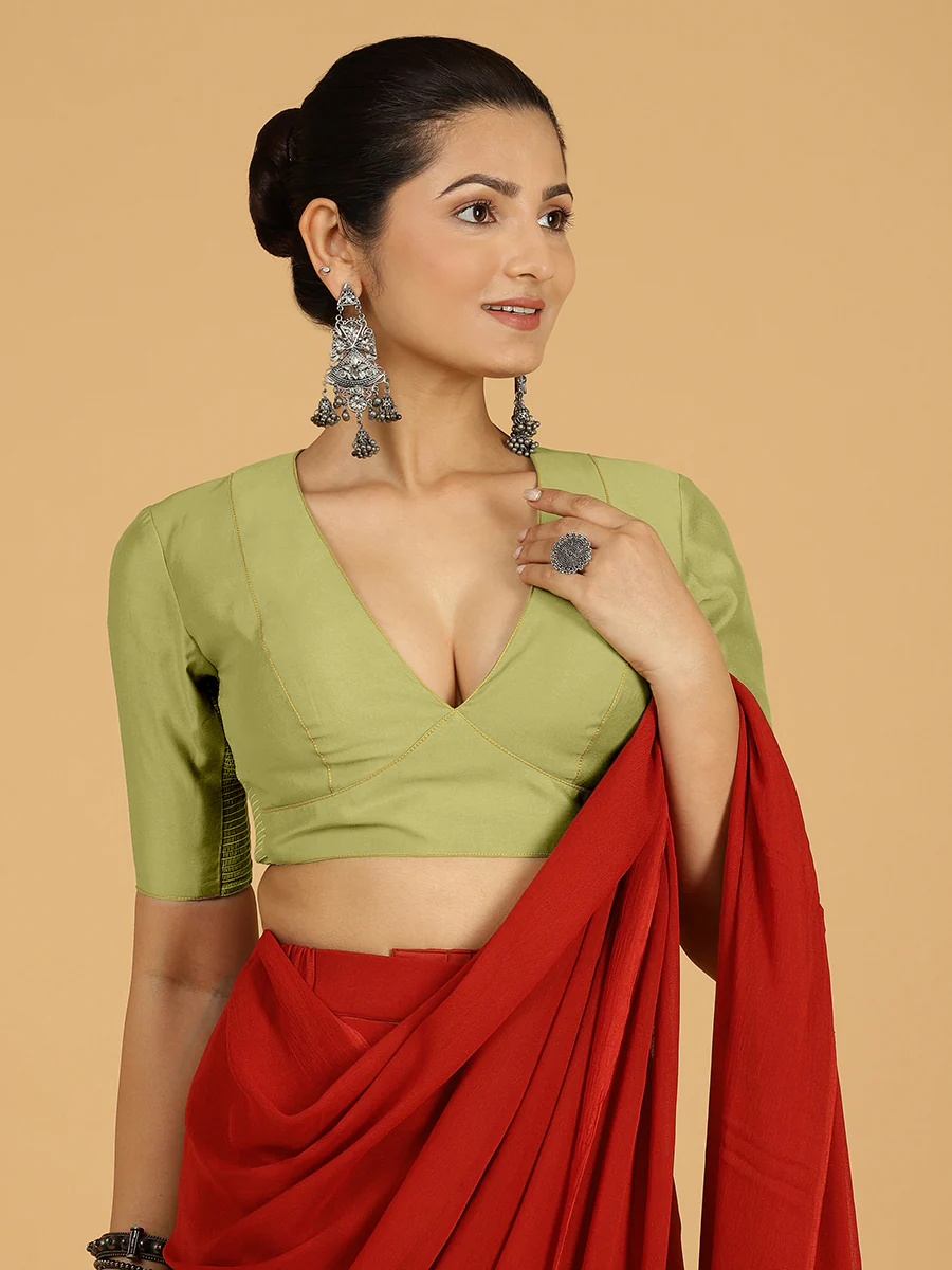 Ghazal x Rozaana | Elbow Sleeves Saree Blouse in Pista Green - Image 5