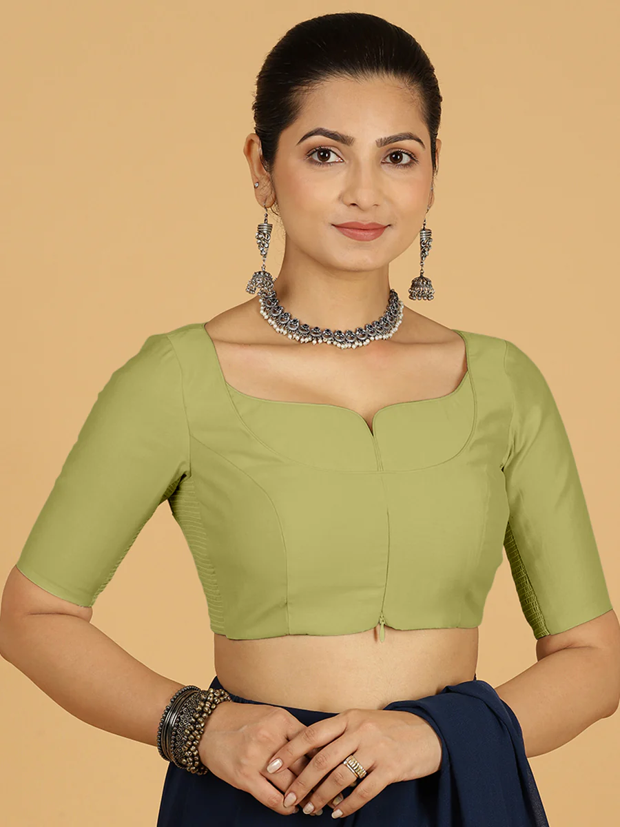 Priya x Rozaana | Elbow Sleeves Saree Blouse in Pista Green - Image 8