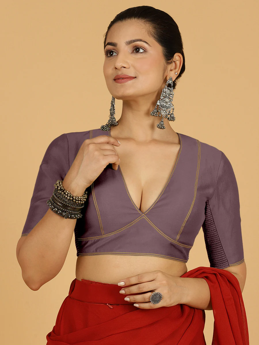 Erum x Rozaana | Elbow Sleeves Saree Blouse in Purple Mauve - Image 8