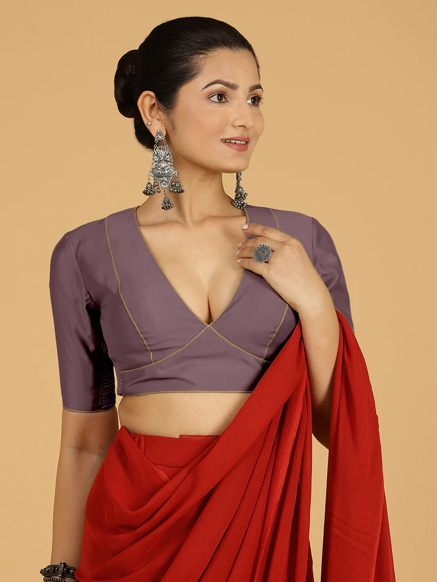 Ghazal x Rozaana | Elbow Sleeves Saree Blouse in Purple Mauve - Image 5