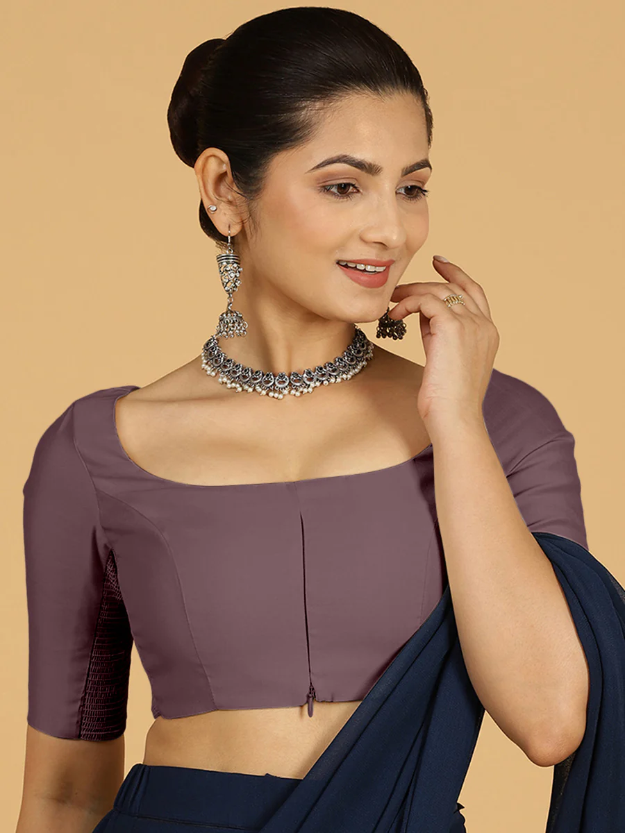 Nidhi x Rozaana | Elbow Sleeves Saree Blouse in Purple Mauve - Image 8