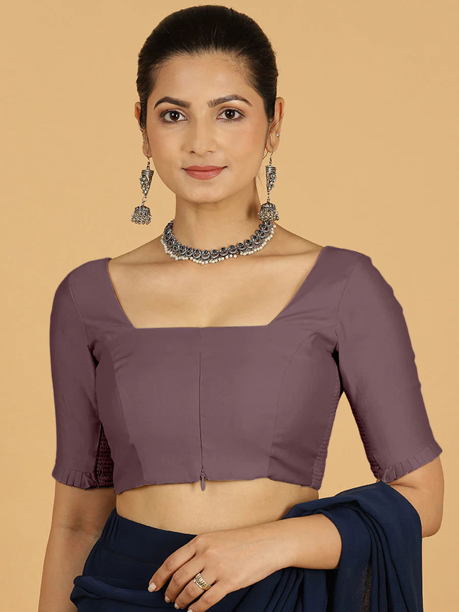 Nihira x Rozaana | Elbow Sleeves Saree Blouse in Purple Mauve - Image 11