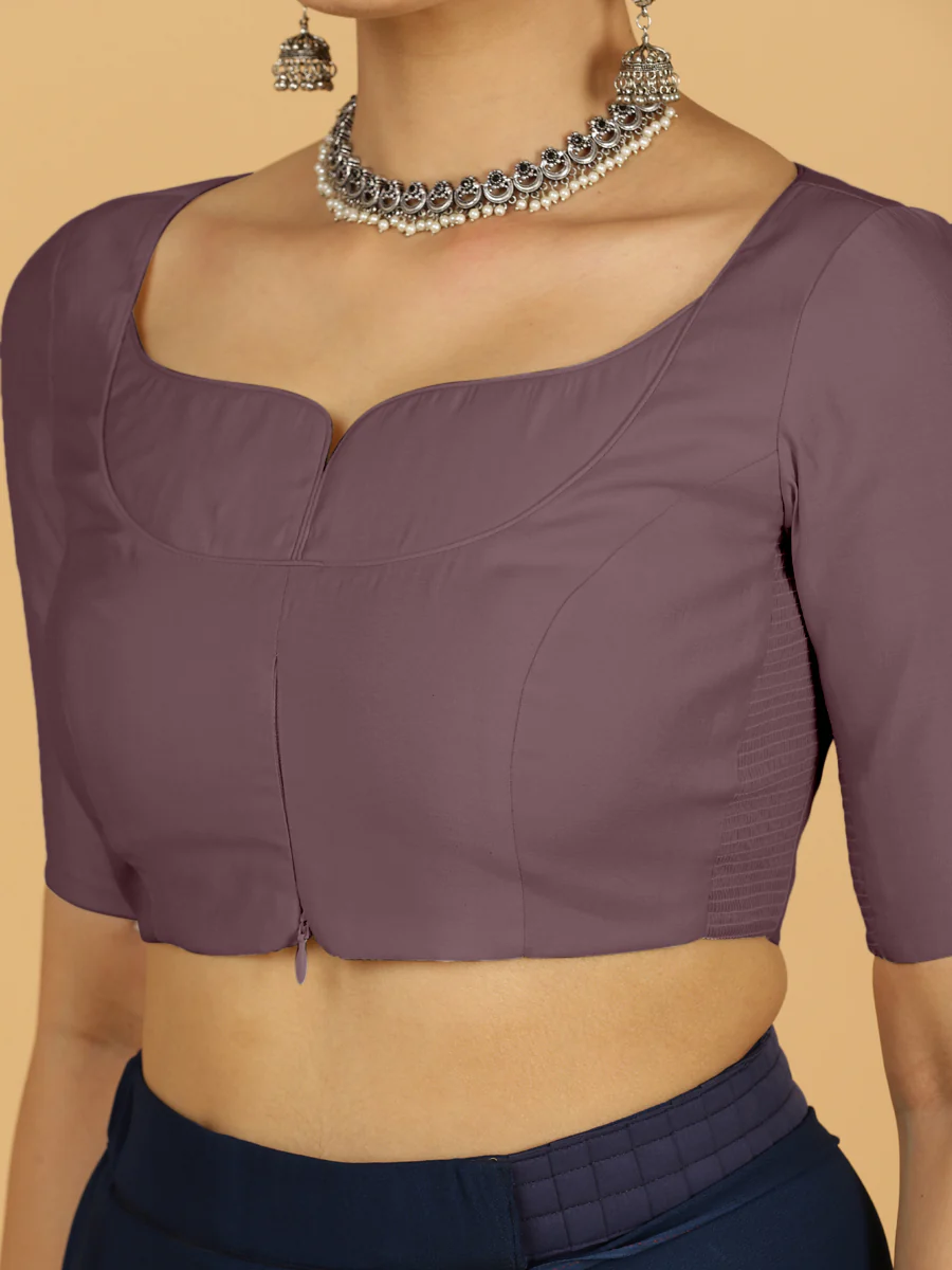 Priya x Rozaana | Elbow Sleeves Saree Blouse in Purple Mauve - Image 5