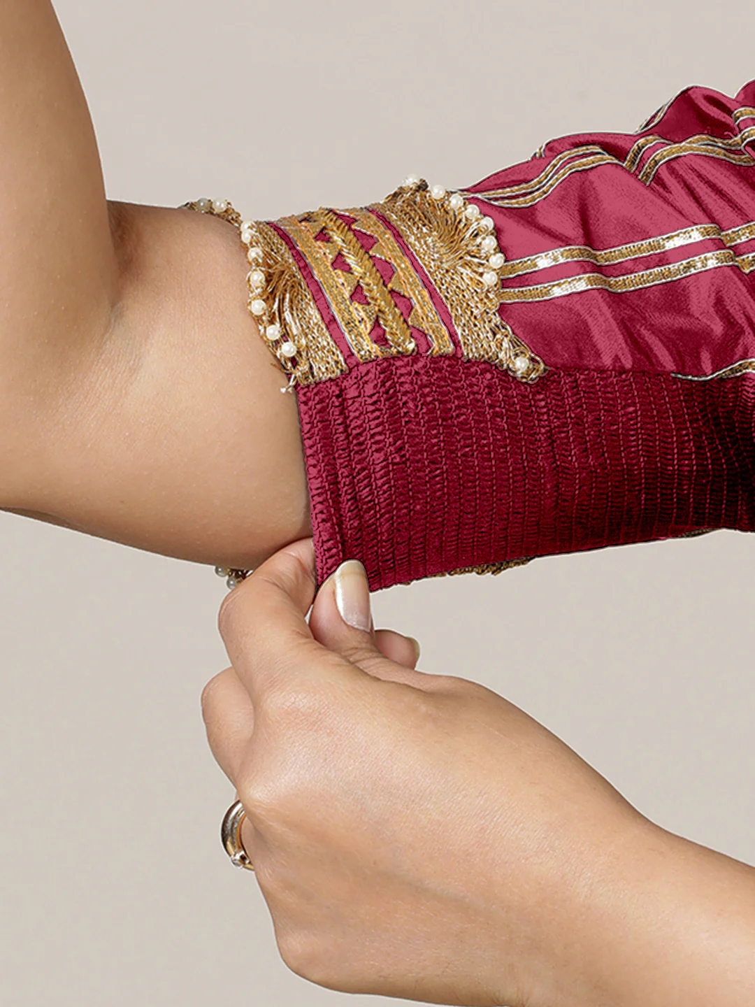Aziza x Tyohaar | Elbow Sleeves Saree Blouse in Rani Pink - Image 5