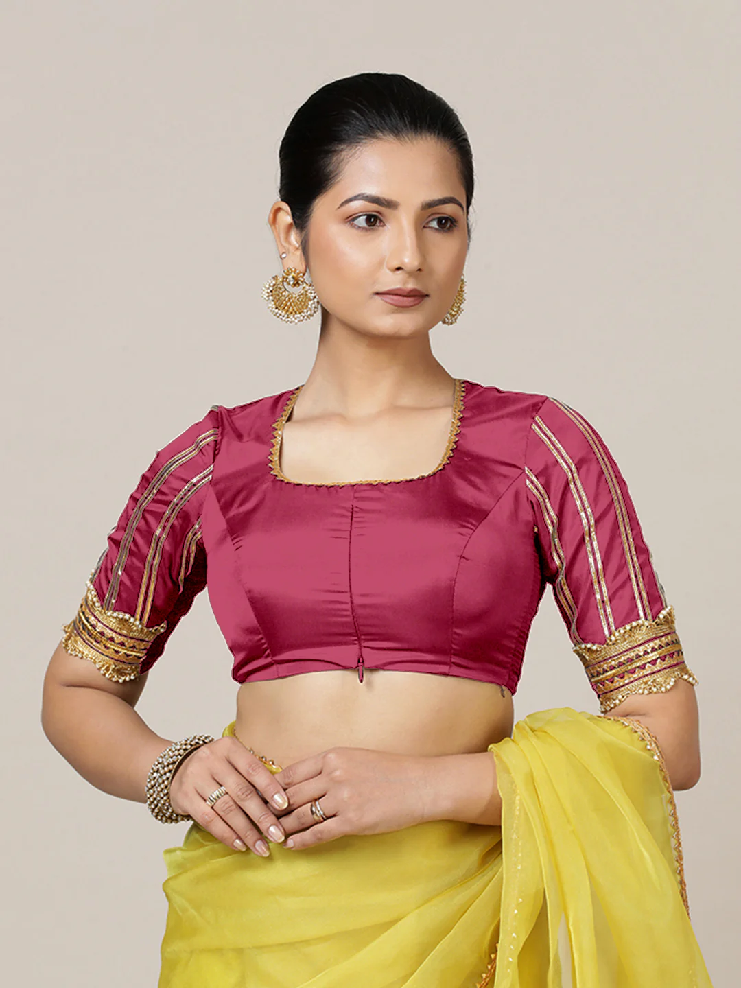 Aziza x Tyohaar | Elbow Sleeves Saree Blouse in Rani Pink - Image 7