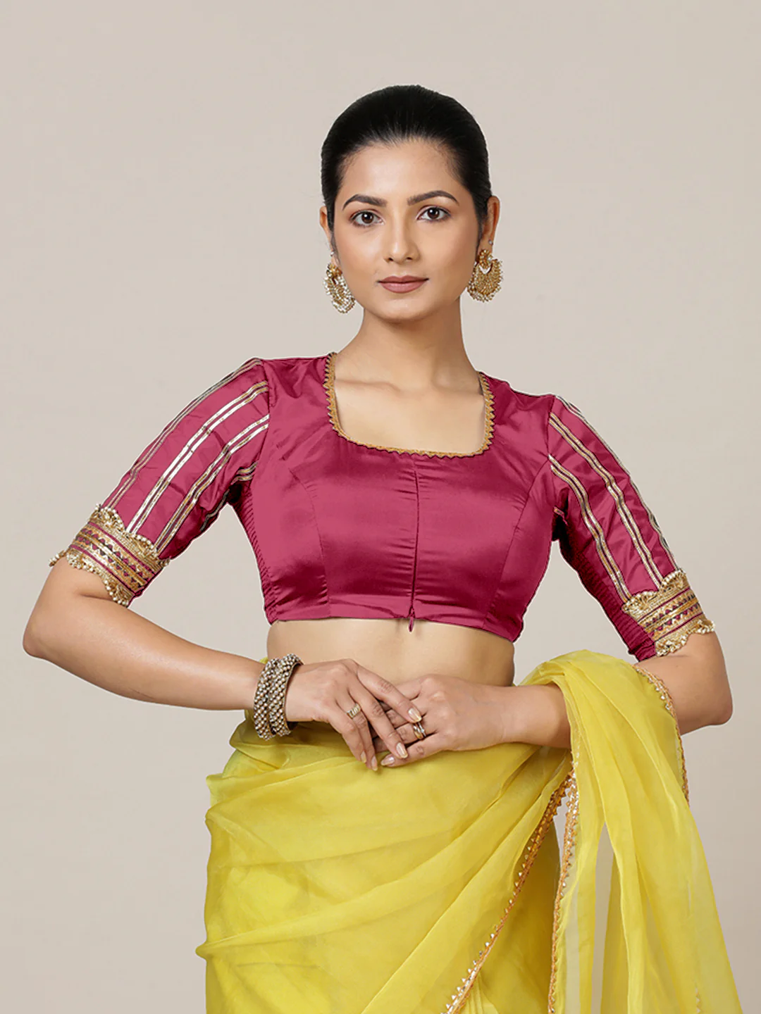 Aziza x Tyohaar | Elbow Sleeves Saree Blouse in Rani Pink - Image 9