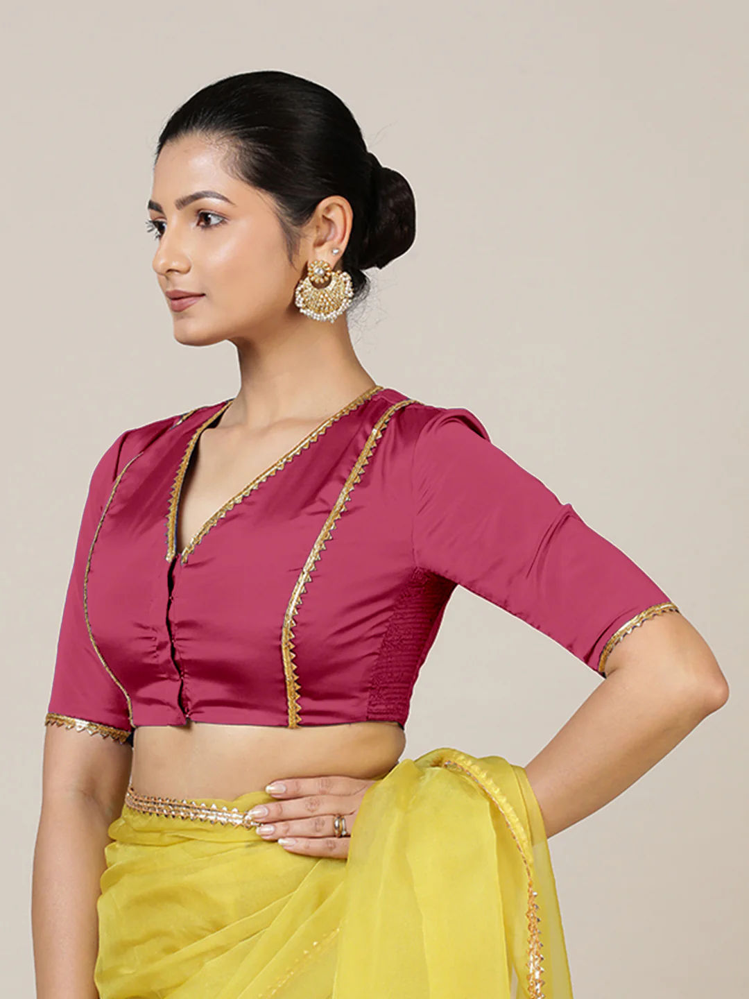 Begum x Tyohaar | Elbow Sleeves Saree Blouse in Rani Pink - Image 8