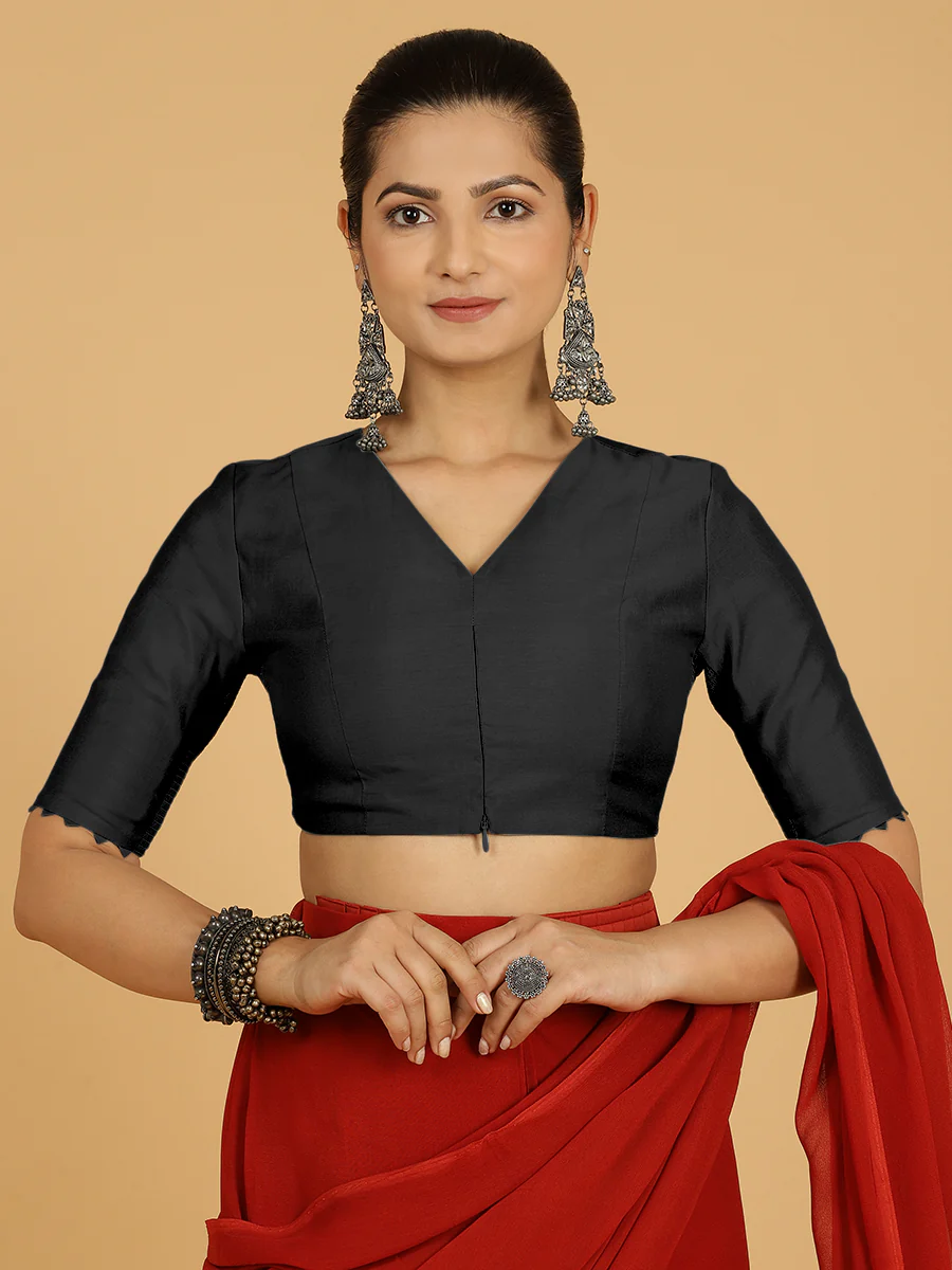 Divya x Rozaana | Elbow Sleeves Saree Blouse in Raven Black - Image 12