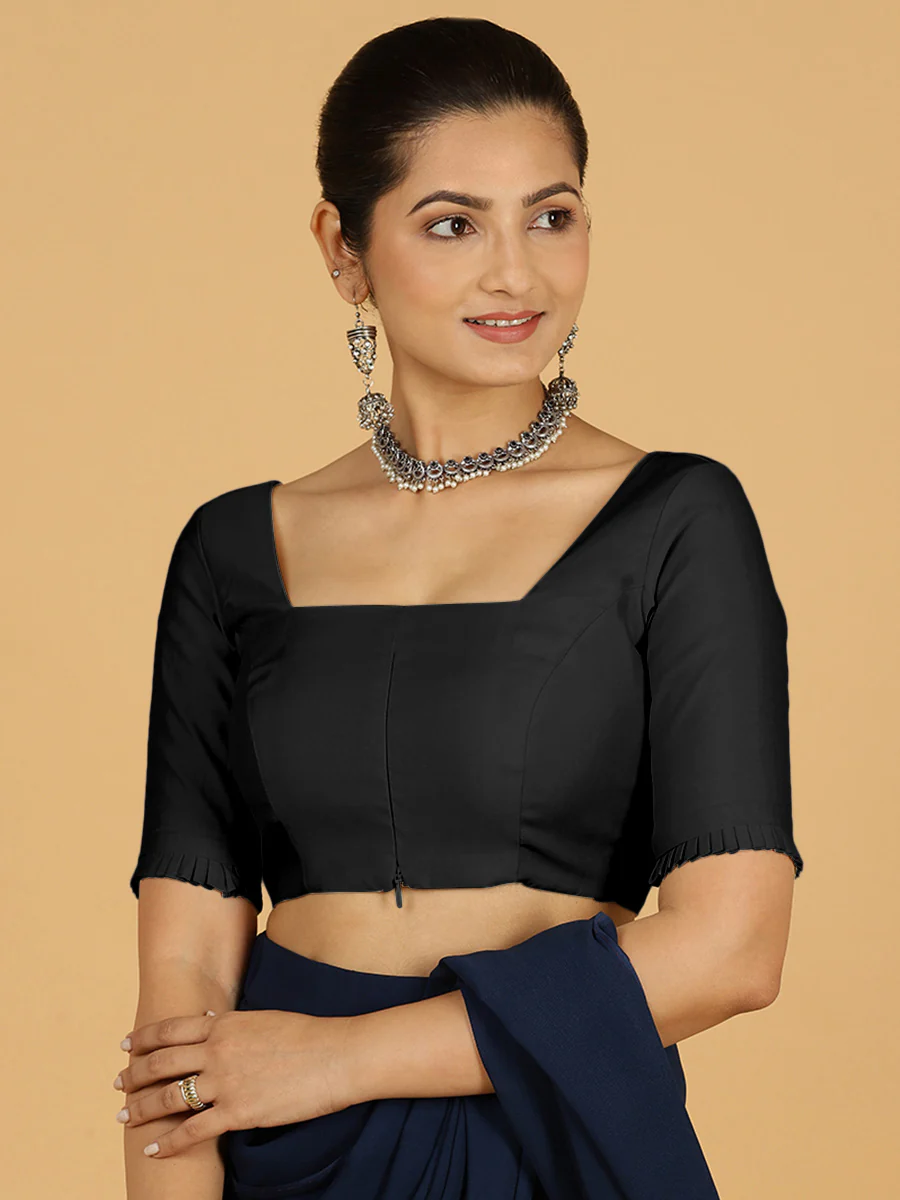 Nihira x Rozaana | Elbow Sleeves Saree Blouse in Raven Black - Image 10