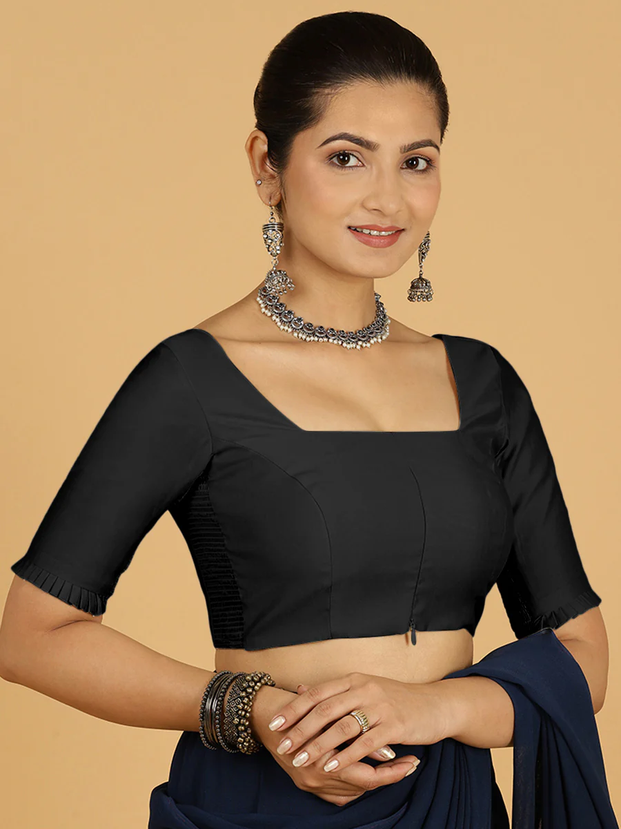 Nihira x Rozaana | Elbow Sleeves Saree Blouse in Raven Black - Image 9
