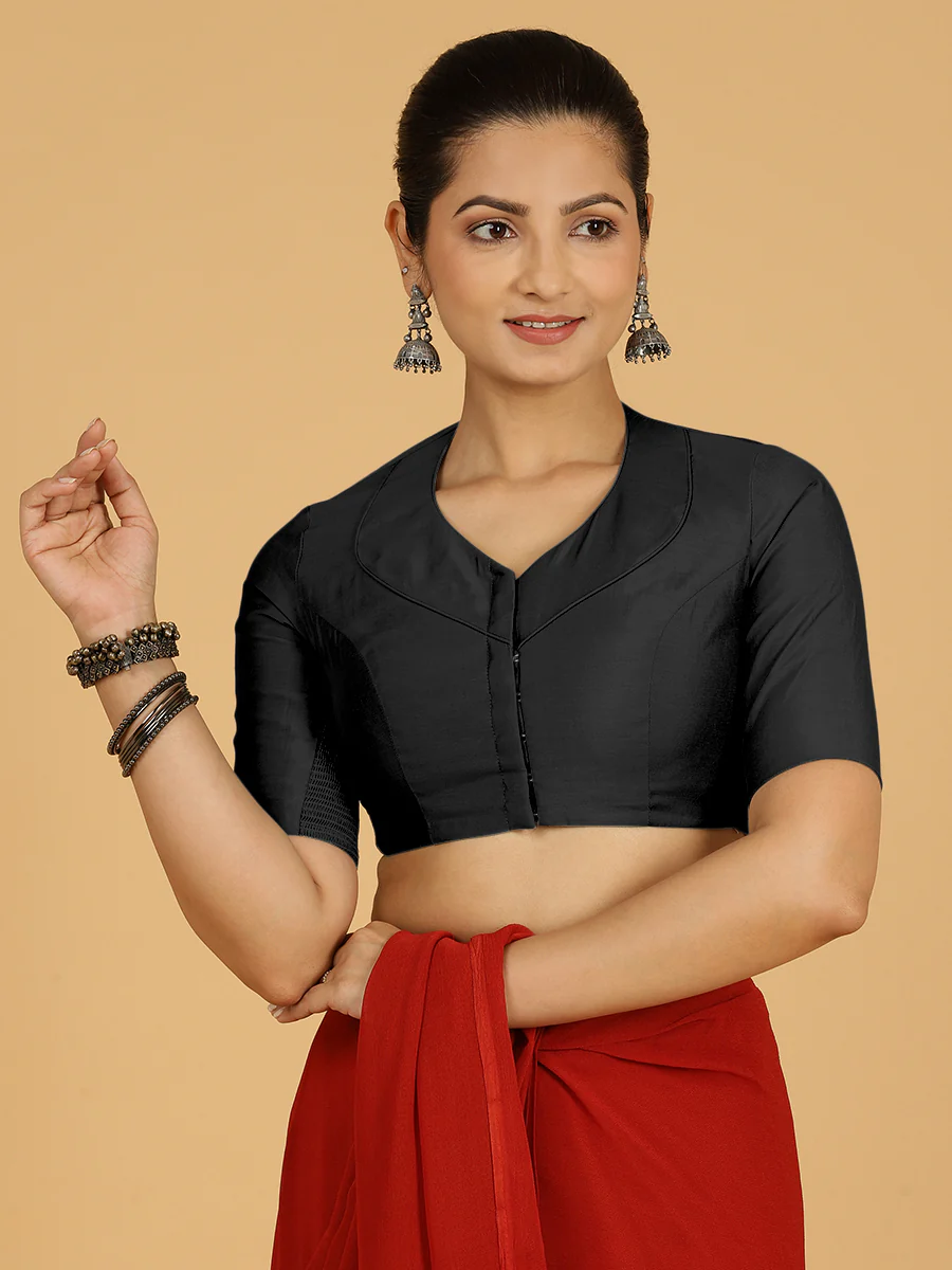 Pallavi x Rozaana | Elbow Sleeves Saree Blouse in Raven Black - Image 10