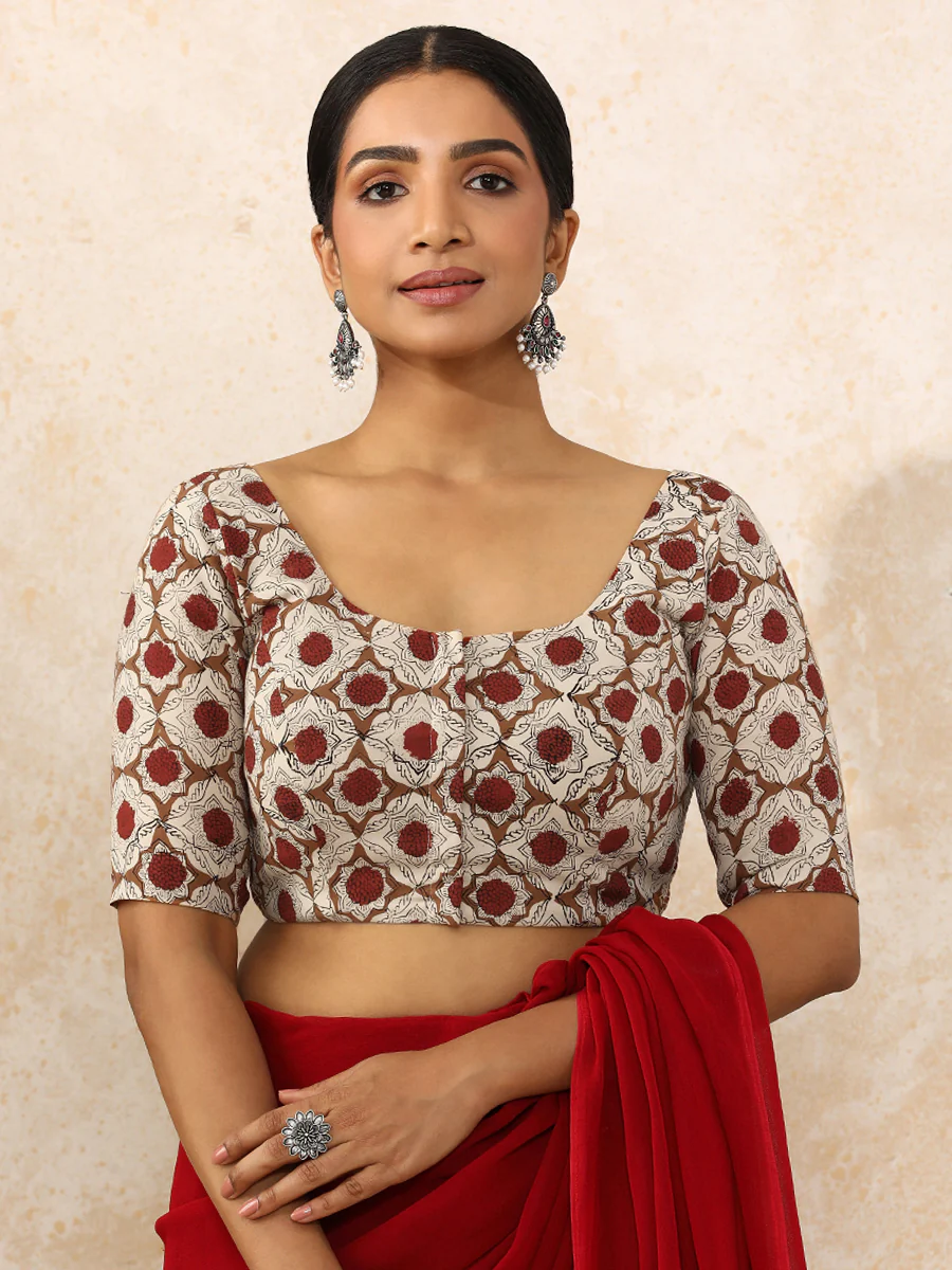 Dia x Rozaana | Sleeveless Saree Blouse in Red Dahlia Block Print Cotton - Image 15
