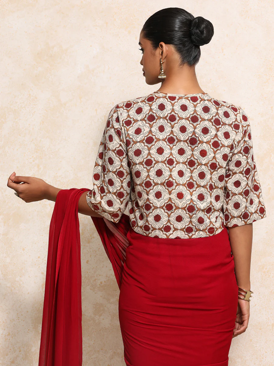 Jigisha x Rozaana | Elbow Sleeves Saree Blouse in Red Dahlia Block Print Cotton - Image 16