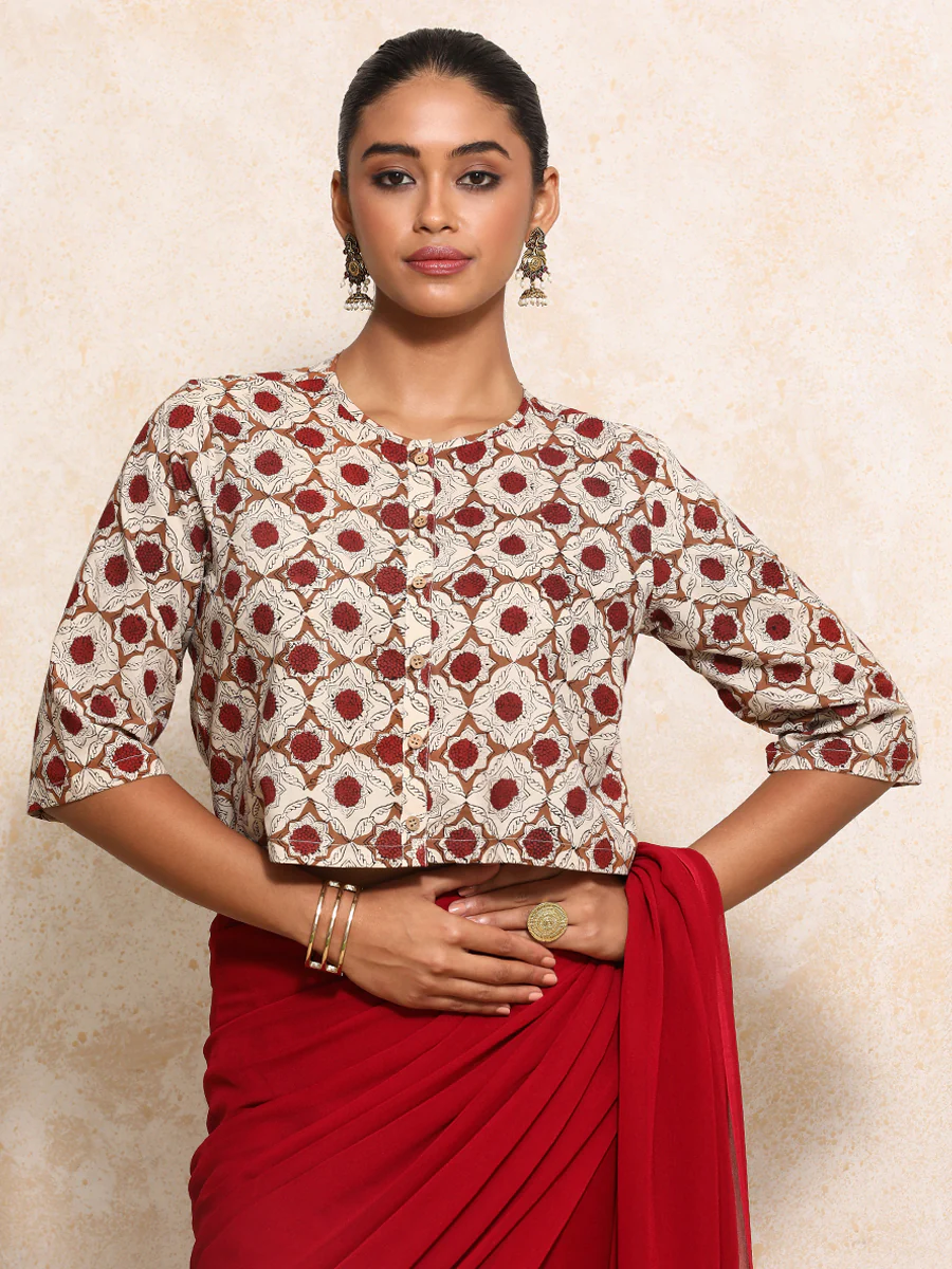 Jigisha x Rozaana | Elbow Sleeves Saree Blouse in Red Dahlia Block Print Cotton - Image 6