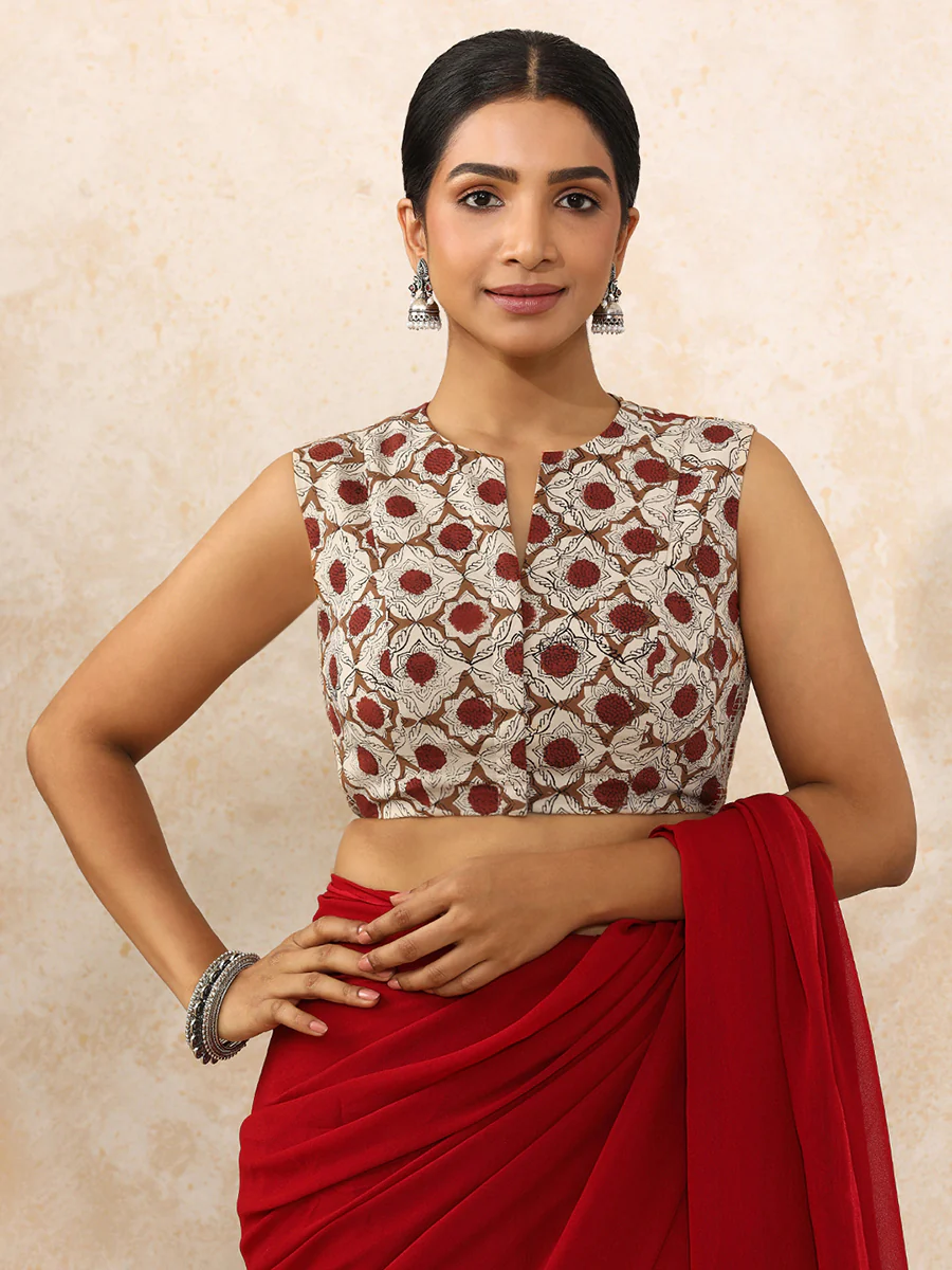Ritu x Rozaana | Sleeveless Saree Blouse in Red Dahlia Block Print Cotton - Image 13