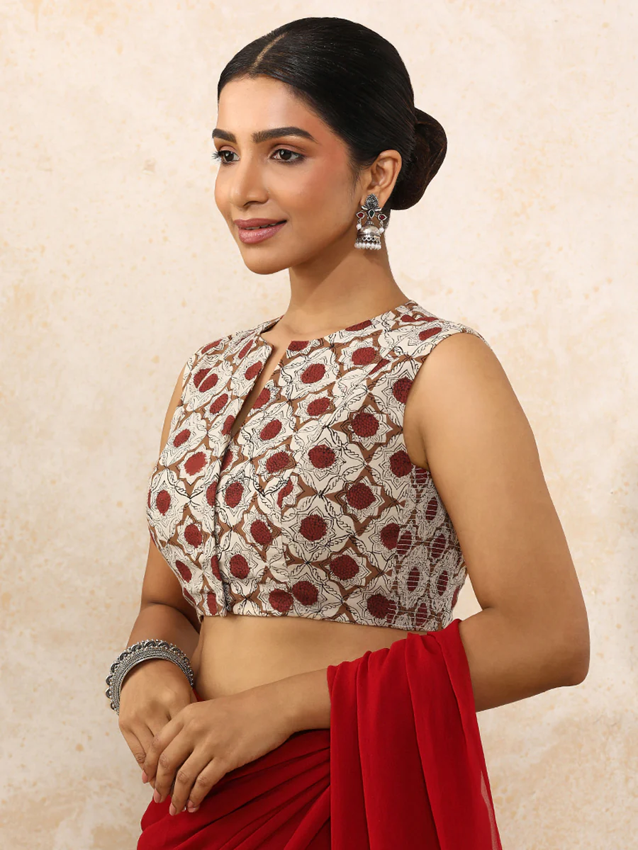 Ritu x Rozaana | Sleeveless Saree Blouse in Red Dahlia Block Print Cotton - Image 9