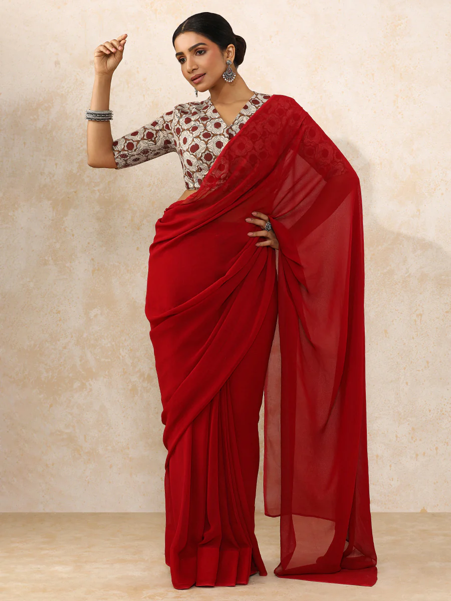 Tisha x Rozaana | Elbow Sleeves Saree Blouse in Red Dahlia Block Print Cotton - Image 13