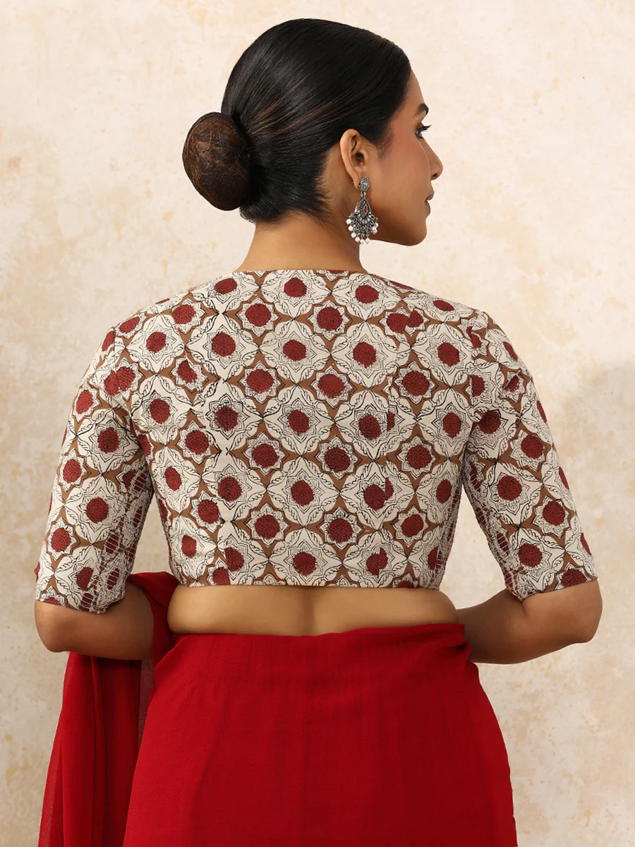 Tisha x Rozaana | Elbow Sleeves Saree Blouse in Red Dahlia Block Print Cotton - Image 2