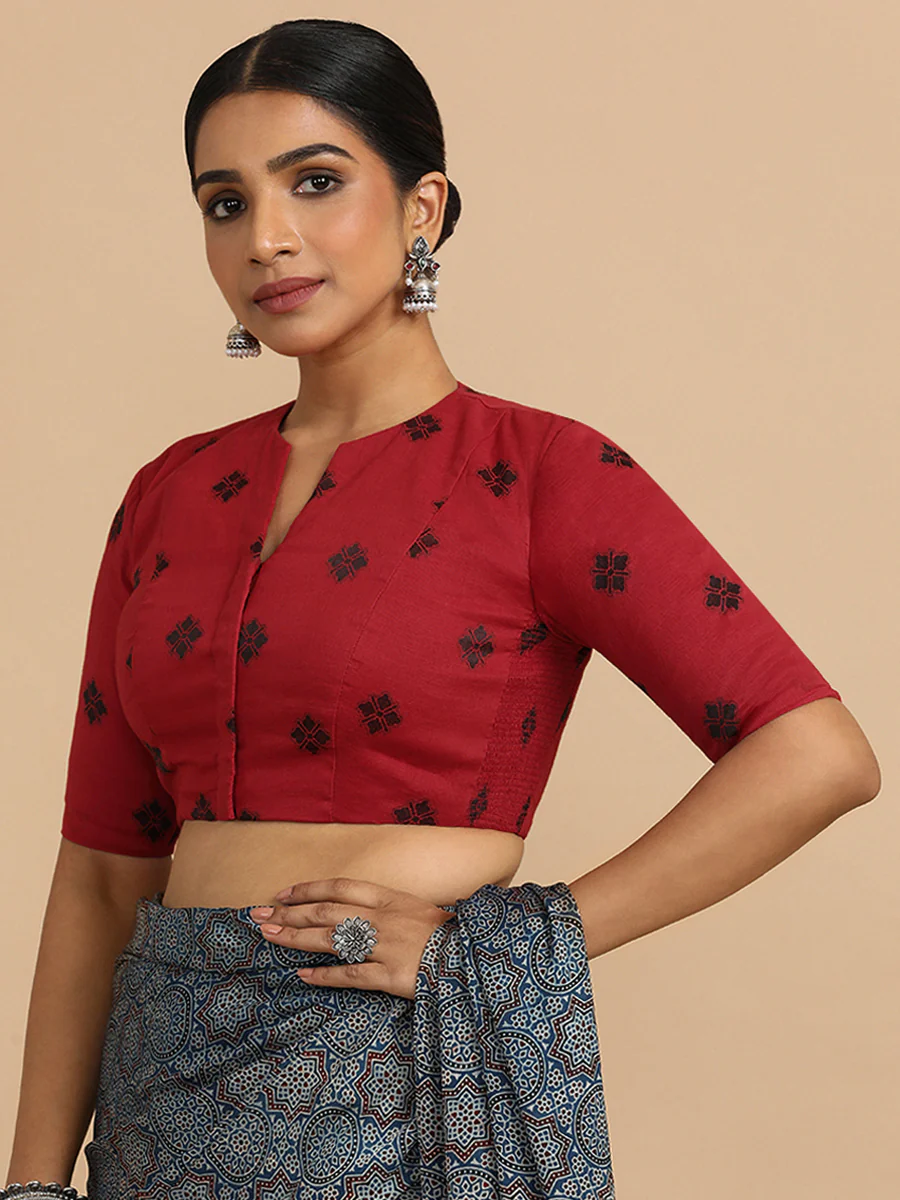 Gul x Rozaana | Elbow Sleeves Saree Blouse in Red Jacquard Cotton - Image 11