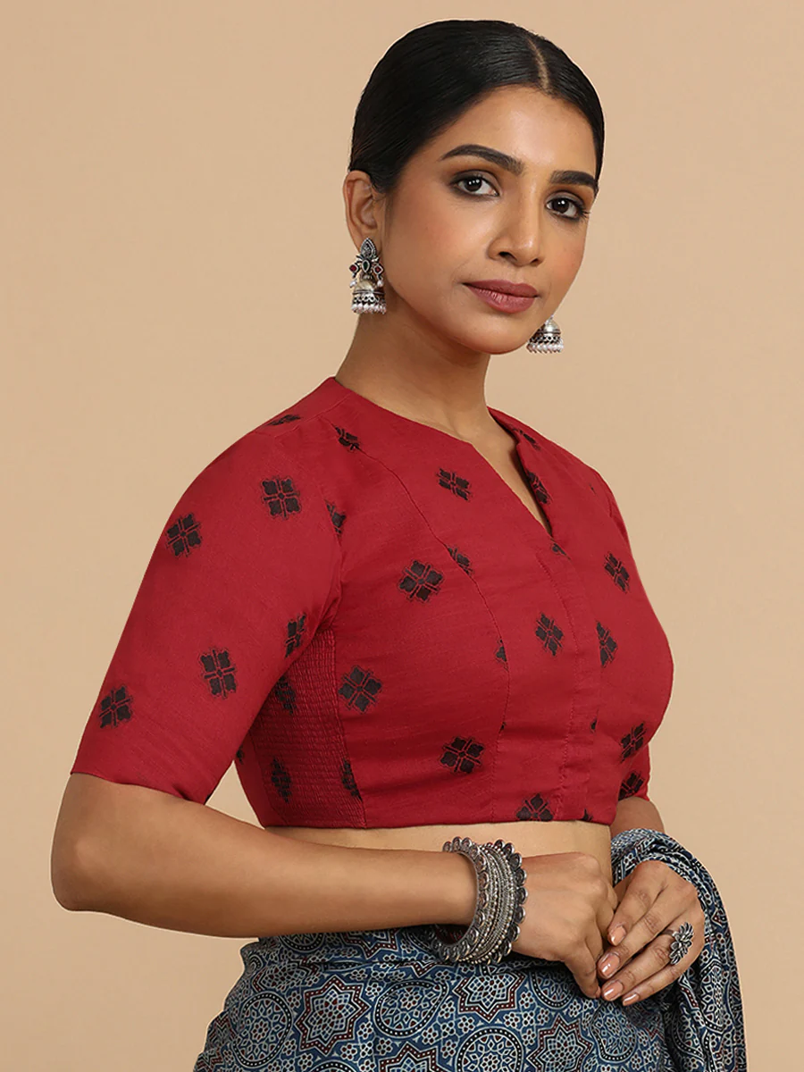 Gul x Rozaana | Elbow Sleeves Saree Blouse in Red Jacquard Cotton - Image 12