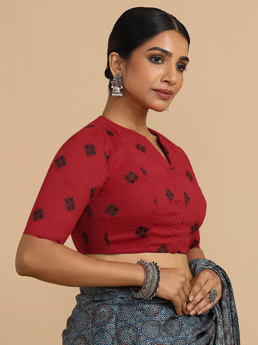 Gul x Rozaana | Elbow Sleeves Saree Blouse in Red Jacquard Cotton - Image 14