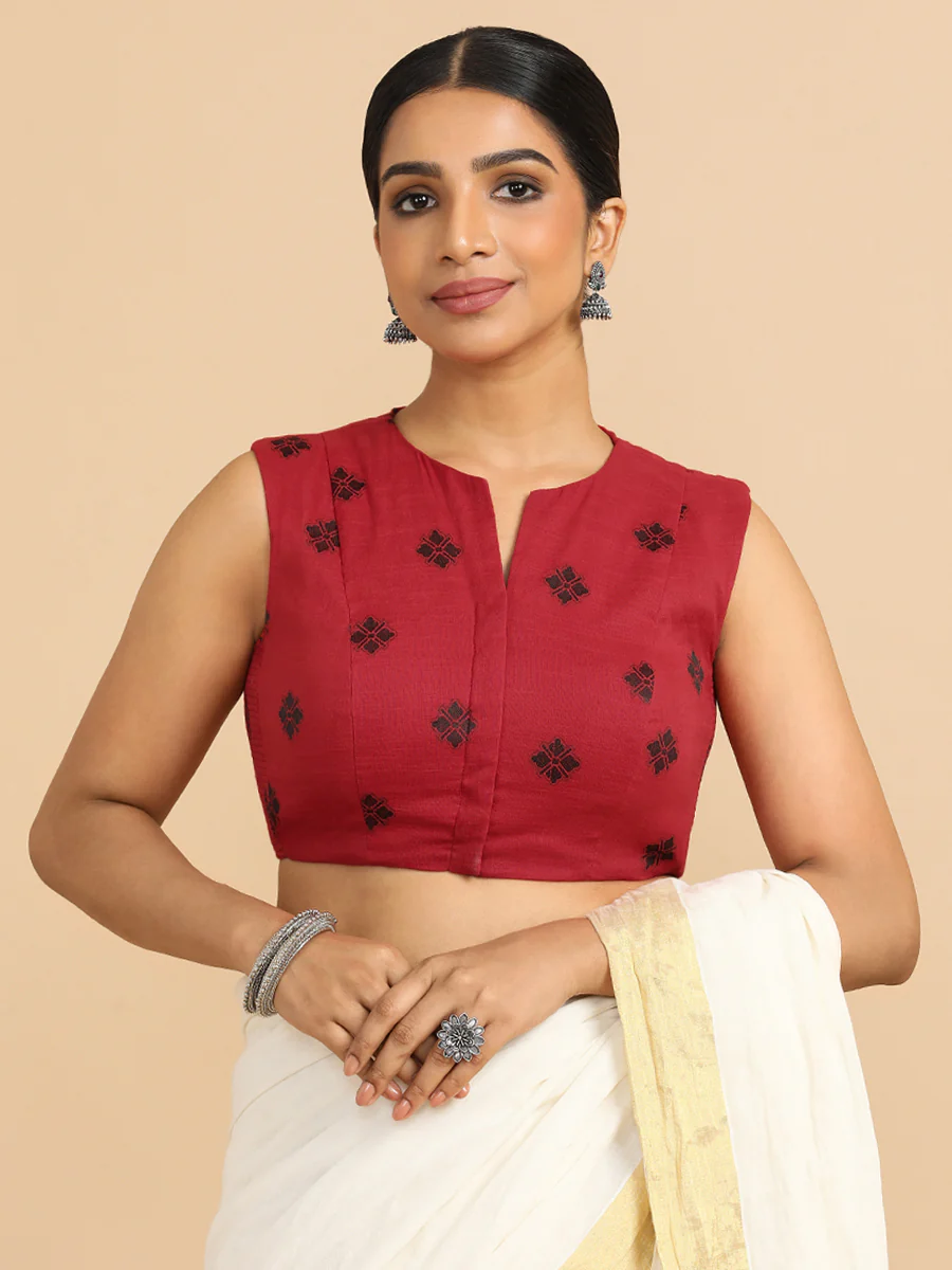 Juhi x Rozaana | Sleeveless Saree Blouse in Red Jacquard Cotton - Image 6