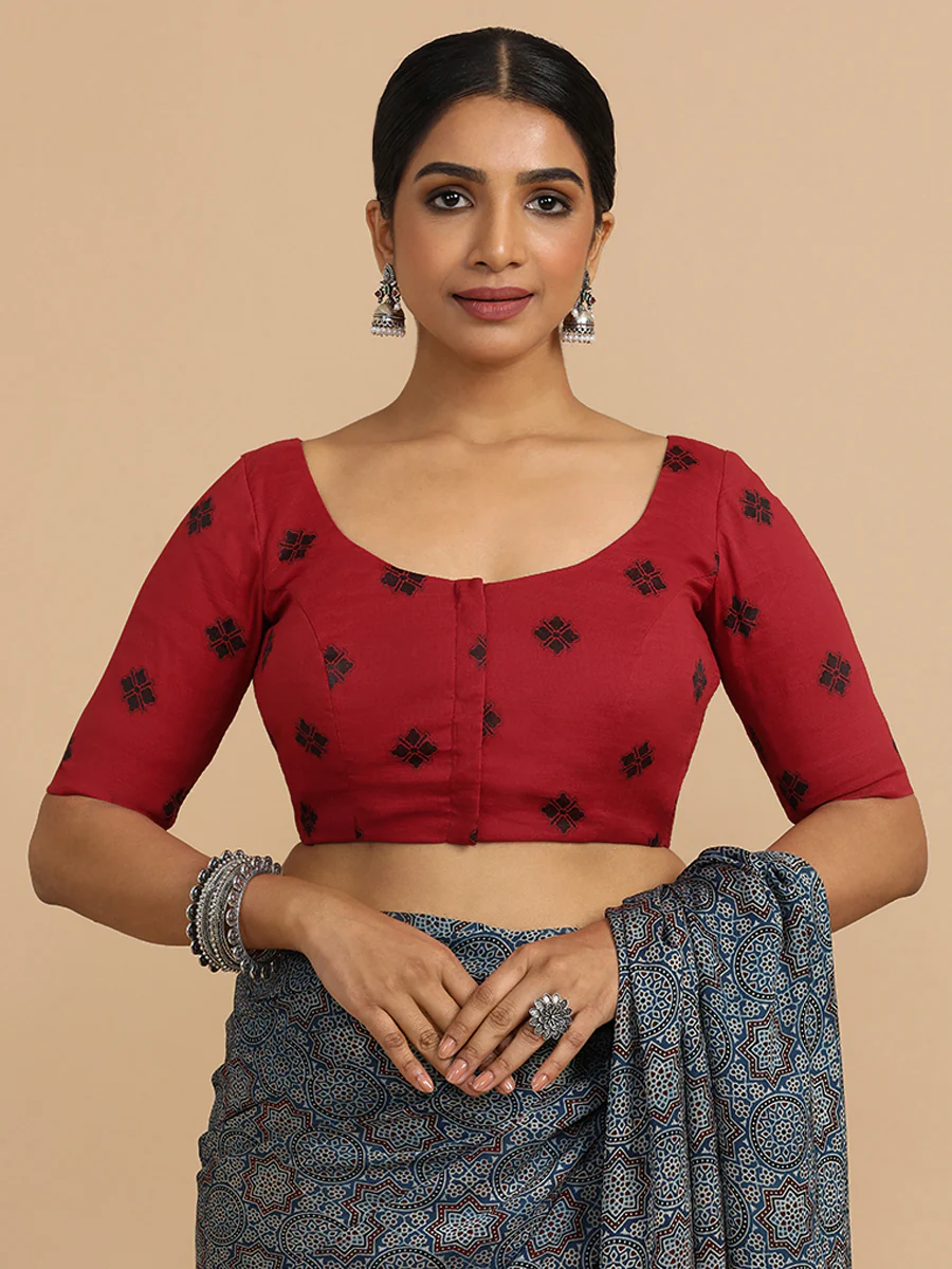 Lajita x Rozaana | Elbow Sleeves Saree Blouse in Red Jacquard Cotton - Image 11