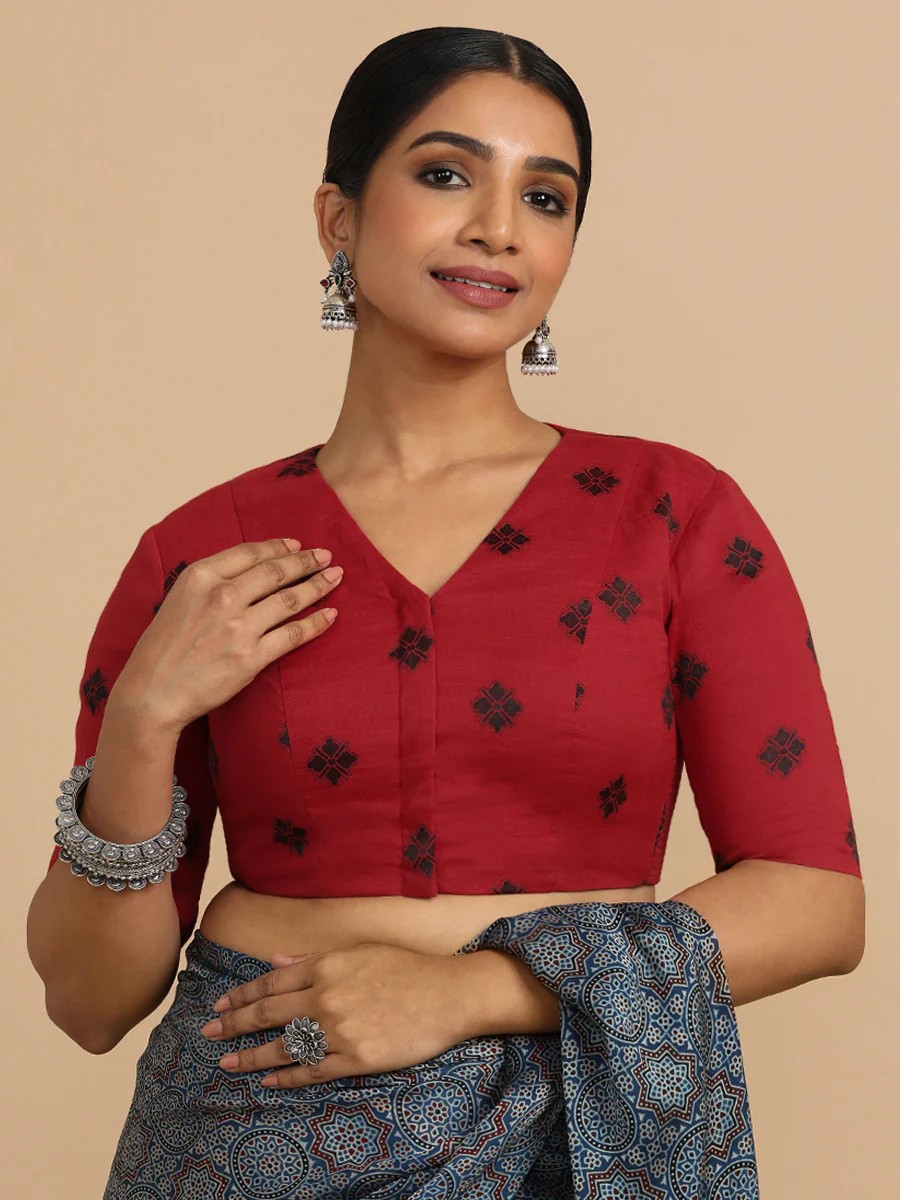 Lasya x Rozaana | Elbow Sleeves Saree Blouse in Red Jacquard Cotton - Image 12