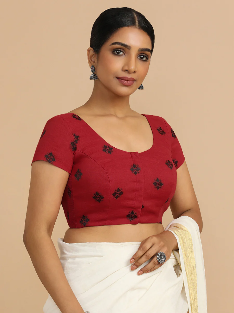 Minoo x Rozaana | Short Sleeves Saree Blouse in Red Jacquard Cotton - Image 9