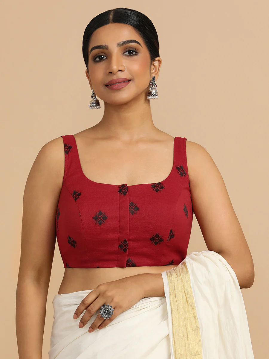 Resham x Rozaana | Sleeveless Saree Blouse in Red Jacquard Cotton - Image 5