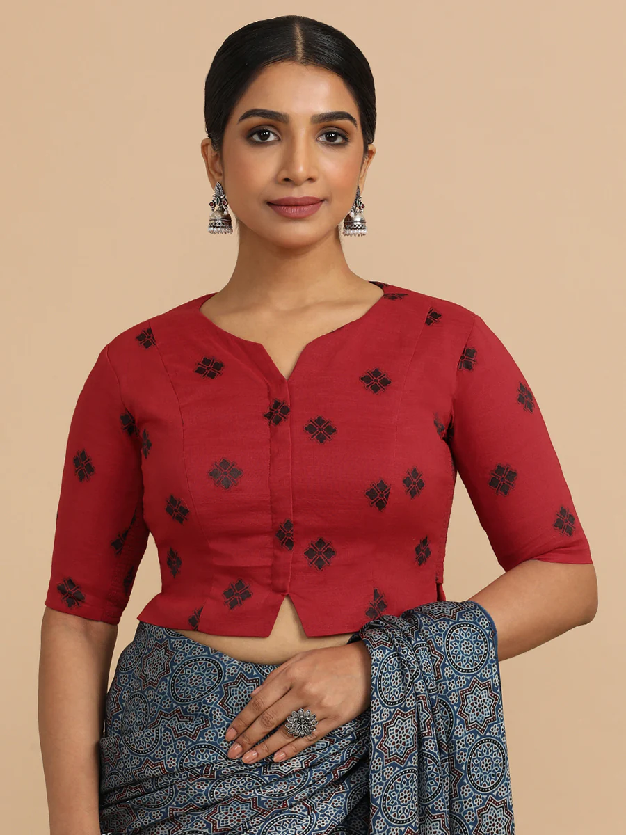 Soumya x Rozaana | Elbow Sleeves Saree Blouse in Red Jacquard Cotton - Image 12