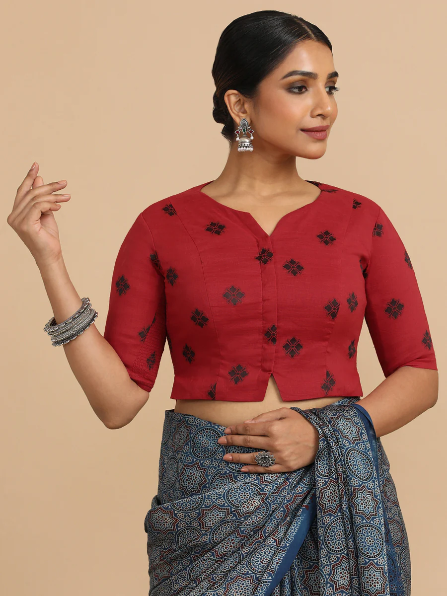 Soumya x Rozaana | Elbow Sleeves Saree Blouse in Red Jacquard Cotton - Image 9
