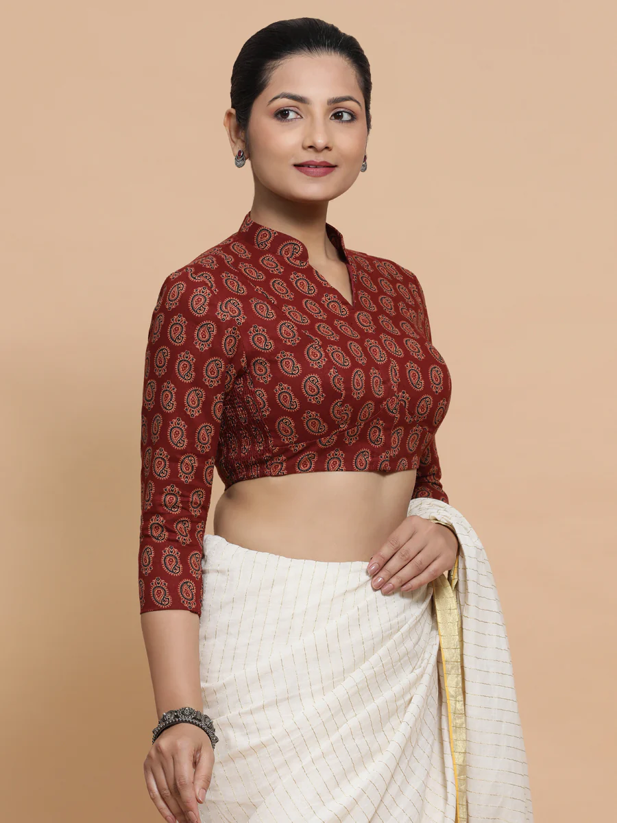 Inaaya x Rozaana | Three Quarter Sleeves Cotton Saree Blouse in Red Mango Block Print Fabric - Image 6