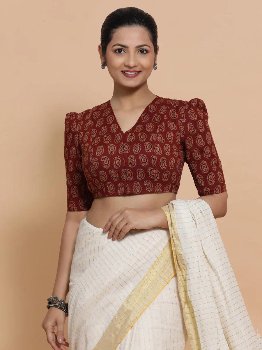Indira x Rozaana | Elbow Sleeves Cotton Saree Blouse in Red Mango Block Print Fabric - Image 7