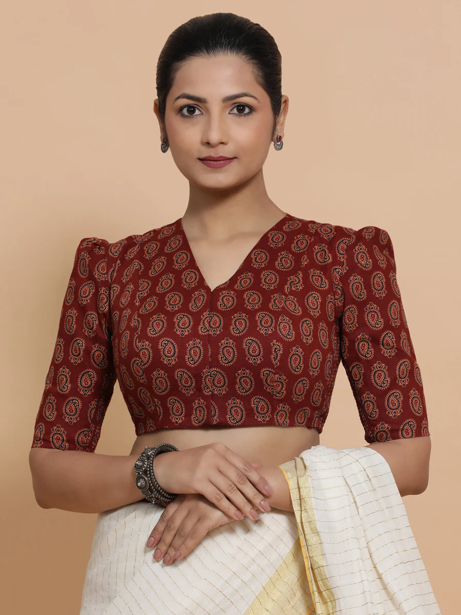 Indira x Rozaana | Elbow Sleeves Cotton Saree Blouse in Red Mango Block Print Fabric - Image 9
