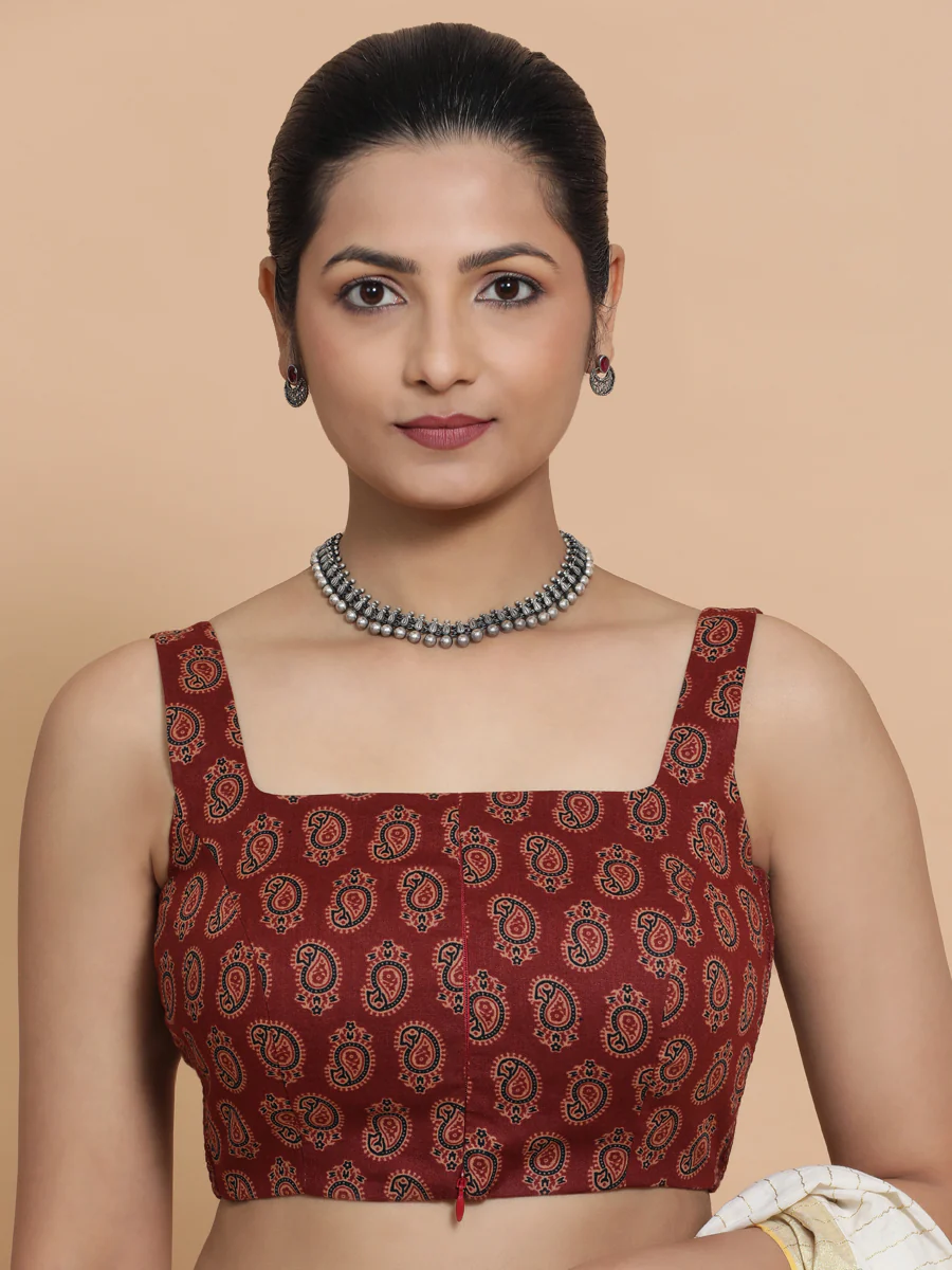 Naina x Rozaana | Sleeveless Cotton Saree Blouse in Red Mango Block Print Fabric - Image 7
