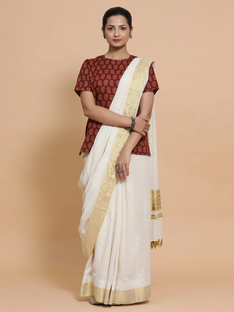 Uditi x Rozaana | Short Sleeves Cotton Saree Blouse in Red Mango Block Print Fabric - Image 8