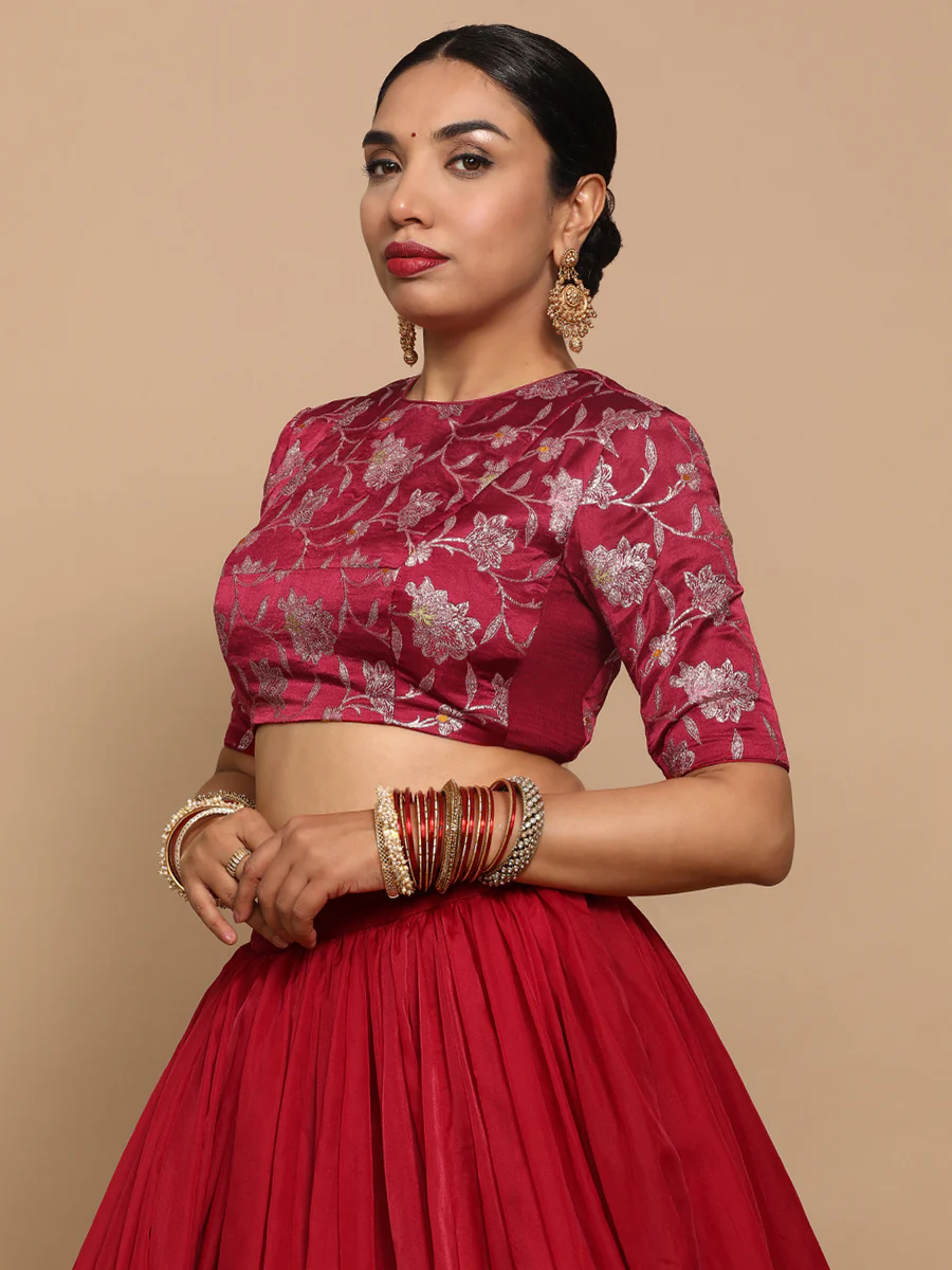 Kavi x Tyohaar | Elbow Sleeves Satin Viscose Saree Blouse in Red Meenakari Fabric - Image 6