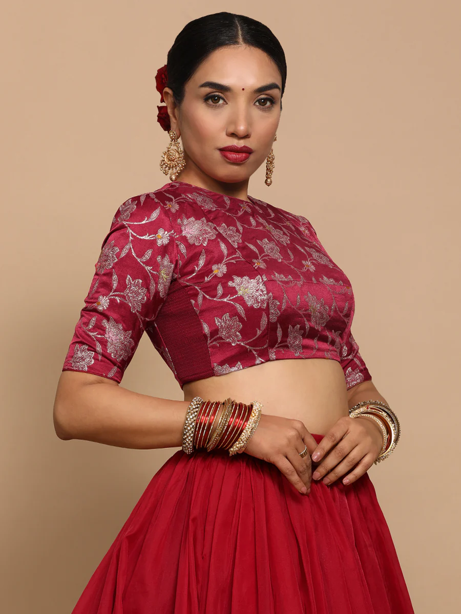 Kavi x Tyohaar | Elbow Sleeves Satin Viscose Saree Blouse in Red Meenakari Fabric - Image 8