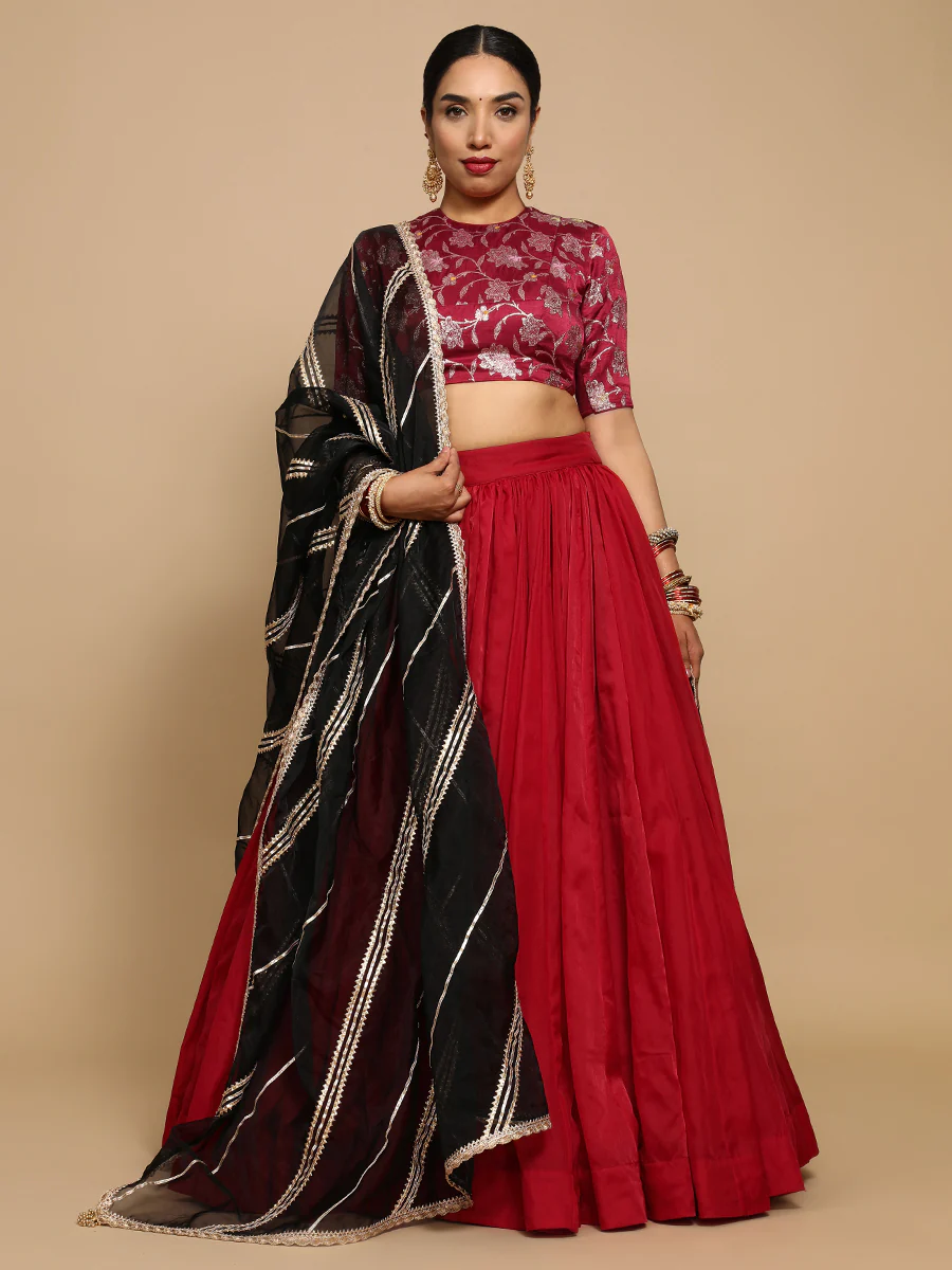 Ridhi x Tyohaar | Elbow Sleeves Satin Viscose Saree Blouse in Red Meenakari Fabric - Image 6